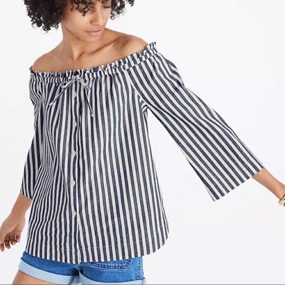 Madewell navy button Stripe Off Shoulder Top nautical blouse preppy coastal S - Picture 1 of 9